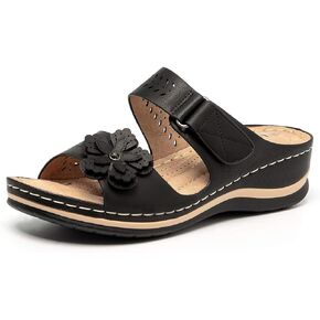 HylianZ Women's Comfortable Platform Wedges Hook&Loop Adjustable Strappy Flower Black Sandals -Rhinestone Rivets Ladies Indoors Or Outdoors Comfortable Brown Slides For Women