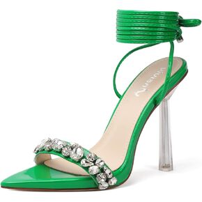 vivianly Strappy Stiletto Clear High Heels Rhinestone Lace Up Heeled Sandals Pointed Toe Pumps Wedding Bride Dress Shoes