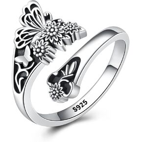 خاتم ملعقة عباد الشمس على شكل فراشة - حلقات ملعقة عتيقة من الفضة الإسترليني قابلة للتعديل للنساء بحلقة إبهام واسعة على شكل زهرة بوهو in Kuwait