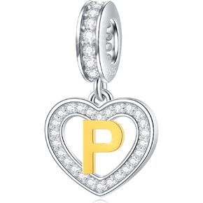GLOWDAS 18K Gold Plated Letter Charms Initial A to Z Necklace Pendant, 925 Sterling Silver CZ Heart Dangle Alphabet Beads fit European DIY Bracelet, Gifts for Valentiens/Christmas/Family