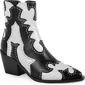 ANN CREEK Women's Ankle Cowboy Boots Rivet Studded Cowgirl Boots Western Booties Ladies Rivet Studded Low Chunky Heel Almond Toe Short Boots