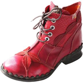 TMA EYES Women's Ankle Boots Low Heel Lace-up Side Zipper Fashion Leather Booties