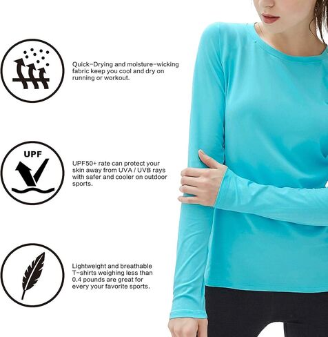 (الحجم: L) تي شيرت نسائي للجري بأكمام طويلة بعامل حماية من الأشعة فوق البنفسجية 50+، سريع الجفاف للحماية من أشعة الشمس فوق البنفسجية في الهواء الطلق in Kuwait