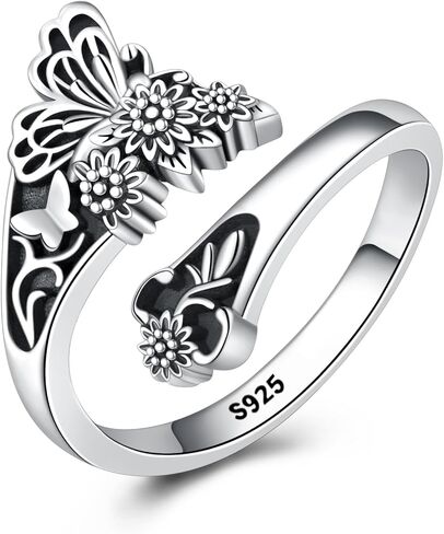 خاتم ملعقة عباد الشمس على شكل فراشة - حلقات ملعقة عتيقة من الفضة الإسترليني قابلة للتعديل للنساء بحلقة إبهام واسعة على شكل زهرة بوهو in Kuwait