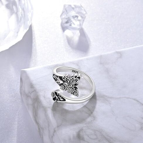 خاتم ملعقة عباد الشمس على شكل فراشة - حلقات ملعقة عتيقة من الفضة الإسترليني قابلة للتعديل للنساء بحلقة إبهام واسعة على شكل زهرة بوهو in Kuwait