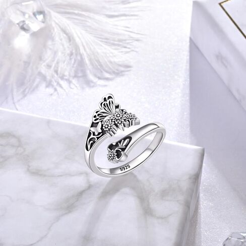 خاتم ملعقة عباد الشمس على شكل فراشة - حلقات ملعقة عتيقة من الفضة الإسترليني قابلة للتعديل للنساء بحلقة إبهام واسعة على شكل زهرة بوهو in Kuwait