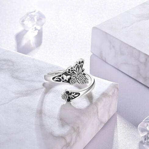 خاتم ملعقة عباد الشمس على شكل فراشة - حلقات ملعقة عتيقة من الفضة الإسترليني قابلة للتعديل للنساء بحلقة إبهام واسعة على شكل زهرة بوهو in Kuwait