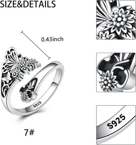 خاتم ملعقة عباد الشمس على شكل فراشة - حلقات ملعقة عتيقة من الفضة الإسترليني قابلة للتعديل للنساء بحلقة إبهام واسعة على شكل زهرة بوهو in Kuwait