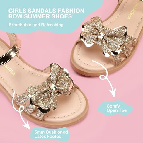 PANDANINJIA Girls Sandals, Open Toe Cute Bow Princess Girls Flats, Sparkly Summer Dress Shoes Sandals for Toddler/Little Kid/Big Kid in Kuwait