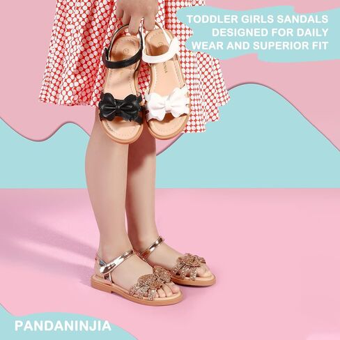 PANDANINJIA Girls Sandals, Open Toe Cute Bow Princess Girls Flats, Sparkly Summer Dress Shoes Sandals for Toddler/Little Kid/Big Kid in Kuwait