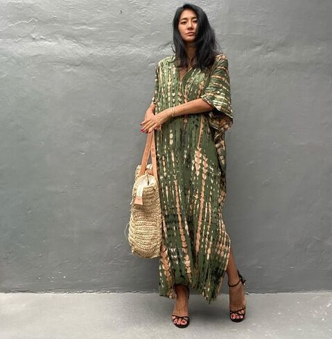 فستان قفطان نسائي من Venasha بمقاس كبير كاجوال برقبة على شكل حرف V فستان طويل ناعم للشاطئ لفصل الصيف in Kuwait