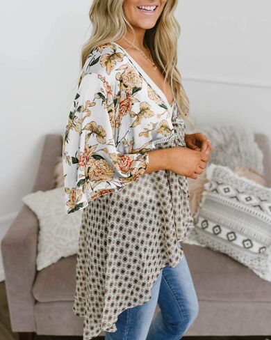 Women Floral Kimono Cardigans 3/4 Ruffle Sleeve Lightweight Patchwork Flowy Boho Tie Loose Cover Ups in Saudi Arabia
