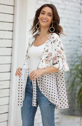 Women Floral Kimono Cardigans 3/4 Ruffle Sleeve Lightweight Patchwork Flowy Boho Tie Loose Cover Ups in Saudi Arabia