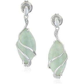 MORGAN & PAIGE .925 Sterling Silver & Green Jade Diamond-Accented 3/4" Wire-Wrapped Marquise Cut Drop Earrings or 18" Pendant Necklace