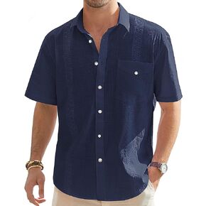 قميص J.VER رجالي من القطن والكتان قميص Guayabera كاجوال بأزرار وأكمام قصيرة مع جيب مطرز - أزرق داكن 3X-Large in Kuwait