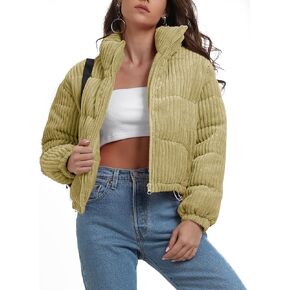 Fisoew Women's Winter Corduroy Cropped Puffer Jacket Warm Long Sleeve Zip Up Stand Collar Short Down Coats