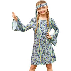 BesserBay Girl's 70s Disco Diva Costume Bell Sleeve Sequins Dancing Dress with Headband 4-14 Years