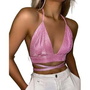 Woeoe Sequin Tops for Women Green Sparkle Tank Camisole V Neck Sexy Tight Sleeveless Tube Top Rave Clubwear Tie