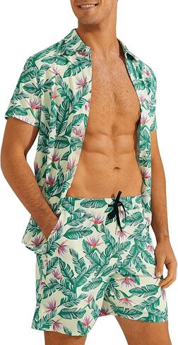 بدلة قميص هاواي للرجال، قمصان بولو مطبوعة استوائية أنيقة، شورتات قصيرة قابلة للتنفس، ملابس شاطئ سريعة الجفاف in Kuwait