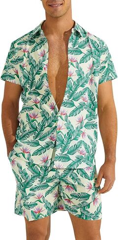 بدلة قميص هاواي للرجال، قمصان بولو مطبوعة استوائية أنيقة، شورتات قصيرة قابلة للتنفس، ملابس شاطئ سريعة الجفاف in Kuwait