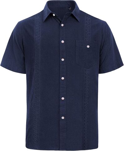 قميص J.VER رجالي من القطن والكتان قميص Guayabera كاجوال بأزرار وأكمام قصيرة مع جيب مطرز - أزرق داكن 3X-Large in Kuwait