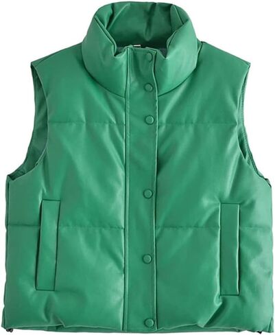 سترة نسائية من الجلد الصناعي منتفخة من KEOMUD سترة شتوية دافئة مبطنة بدون أكمام in Kuwait