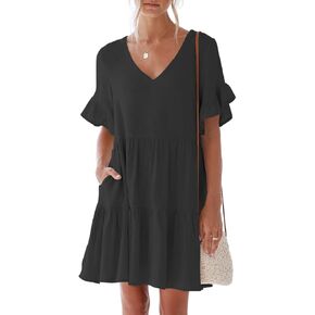 nclook Women's Summer Casual Dress Sweet & Cute V-Neck Mini Dress with Pocket Short Sleevele Ruffle Dress