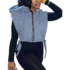 xxxiticat Women's Denim Puffer Vest Top Sleeveless Hooded Camo Print Side Lace Up Hollow Out Quilted Waistcoat Jacket