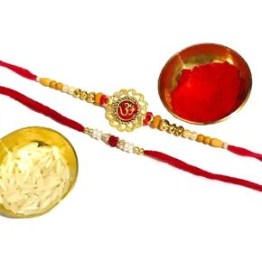 Indian Rakhi with Roli Chawal for Puja Bhaiya, Bhabhi Thread Raksha bandhan Rakhi Bracelet Gift, Wrist bands for loving /Brother Sister, Father & Friends - Set of 2 in Kuwait