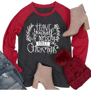 عيد ميلاد سعيد تي شيرت المرأة لديك نفسك عيد ميلاد سعيد قليلا قميص طويل الأكمام الجرافيك تيز عيد الميلاد البيسبول القمم in Kuwait