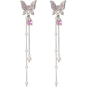 Purple Butterfly Earrings Crystal Butterfly Tassel Earrings for Women 3D Long Butterfly Tassel Style Zircon Earrings Butterfly Jewelry Gifts in Kuwait