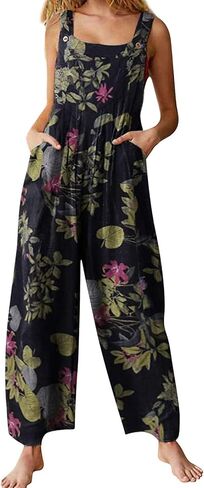 Nyapruwe Boho Summer Jumpsuits for Women Square Neck Sleeveless Leaf Floral Print Suspenders Overalls with Side Pocked in Kuwait