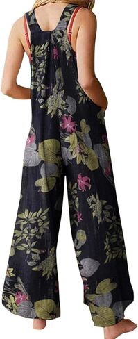 Nyapruwe Boho Summer Jumpsuits for Women Square Neck Sleeveless Leaf Floral Print Suspenders Overalls with Side Pocked in Kuwait