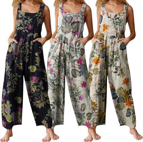 Nyapruwe Boho Summer Jumpsuits for Women Square Neck Sleeveless Leaf Floral Print Suspenders Overalls with Side Pocked in Kuwait