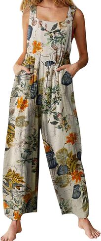 Nyapruwe Boho Summer Jumpsuits for Women Square Neck Sleeveless Leaf Floral Print Suspenders Overalls with Side Pocked in Kuwait