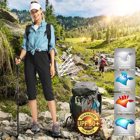 شورت نسائي من Linlon سريع الجفاف، شورت كابري طويل كاجوال بأرجل مستقيمة للخروج والمشي لمسافات طويلة والتخييم والسفر in Kuwait