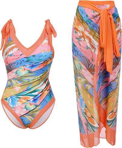 ABOCIW Womens One Piece Swimsuit with Swimsuit Coverup Wrap Skirt Floral Print V Neck Tummy Conrol Bathing Suit Monokini in Kuwait