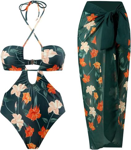 ABOCIW Womens One Piece Swimsuit with Swimsuit Coverup Wrap Skirt Floral Print V Neck Tummy Conrol Bathing Suit Monokini in Kuwait