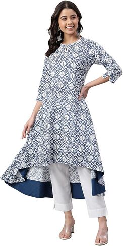 كورتا حريمي من Janasya Indian مصنوعة من القطن باللون الأزرق الداكن بطباعة عالية ومنخفضة in Saudi Arabia