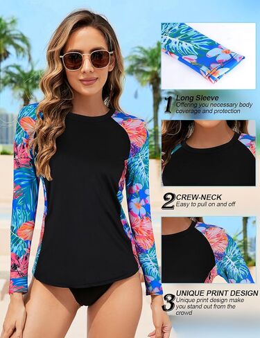 Zamowoty المرأة طفح الحرس مطبوعة كم طويل المايوه ثوب السباحة سريعة الجافة قميص السباحة الأشعة فوق البنفسجية حماية الشمس القمصان in Kuwait