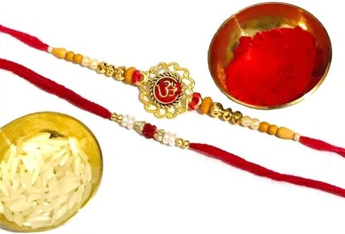 Indian Rakhi with Roli Chawal for Puja Bhaiya, Bhabhi Thread Raksha bandhan Rakhi Bracelet Gift, Wrist bands for loving /Brother Sister, Father & Friends - Set of 2 in Kuwait
