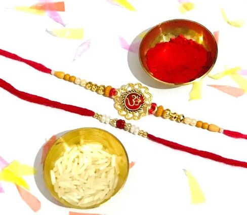 Indian Rakhi with Roli Chawal for Puja Bhaiya, Bhabhi Thread Raksha bandhan Rakhi Bracelet Gift, Wrist bands for loving /Brother Sister, Father & Friends - Set of 2 in Kuwait