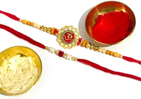 Indian Rakhi with Roli Chawal for Puja Bhaiya, Bhabhi Thread Raksha bandhan Rakhi Bracelet Gift, Wrist bands for loving /Brother Sister, Father & Friends - Set of 2 in Kuwait