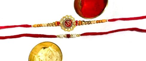 Indian Rakhi with Roli Chawal for Puja Bhaiya, Bhabhi Thread Raksha bandhan Rakhi Bracelet Gift, Wrist bands for loving /Brother Sister, Father & Friends - Set of 2 in Kuwait