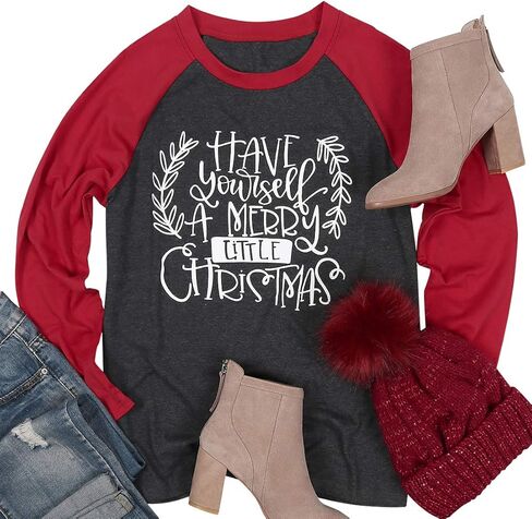 عيد ميلاد سعيد تي شيرت المرأة لديك نفسك عيد ميلاد سعيد قليلا قميص طويل الأكمام الجرافيك تيز عيد الميلاد البيسبول القمم in Kuwait