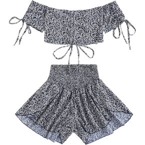 مجموعة ملابس نسائية من SheIn مكونة من قطعتين من ملابس Boho Floral مكونة من قطعتين بدون أكتاف ورباط وسروال قصير in Kuwait