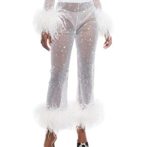 Women's Sparkly Sheer Mesh Fishnet Pants Feather Trim High Waist Shiny See Through Trousers Festival Club Rave Outfit