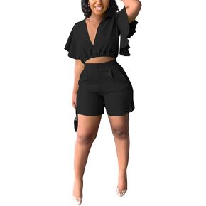 AIIYYQB Womens Summer Two Piece Shorts Outfit Sexy Crop Top Butterfly Sleeve 2 pc Short Set Vacation Brunch Matching Set in Kuwait