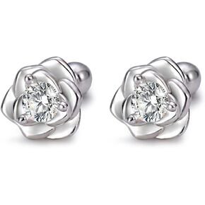S999 Sterling Silver Small Tiny Rose Flower Stud Earrings for Women & Girls with Clear Cubic Zirconia Screw Back Hypoallergenic Fashion Jewelry in Saudi Arabia
