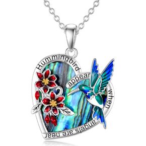 LONAGO Hummingbird Necklace Silver, Hummingbird Heart Pendant with Red Bell Flower Hummingbirds Gifts for Women Girls